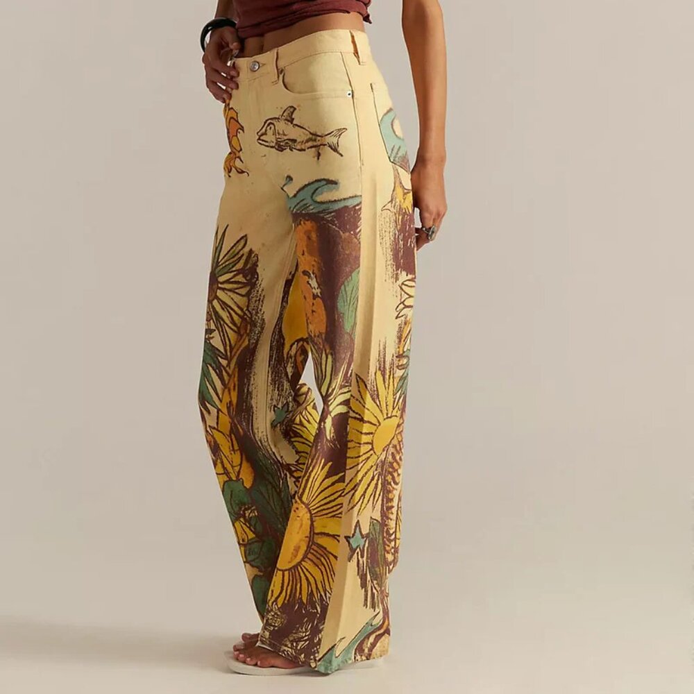 We The Free  tinsley beach scene printed denim jeans sunflowers wide leg barrel - Picture 3 of 14